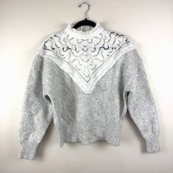 ZARA Women’s M Grey Wool Blend Knit Sweater Lace Yoke Cottage Grandmacore - Picture 1 of 5